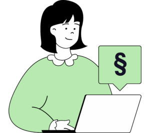 Illustration einer Person mit Laptop und Sprechblase mit Paragraphenzeichen.