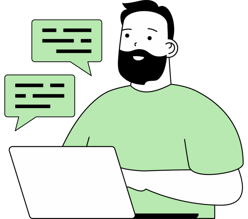 Illustration einer Person mit Laptop und Sprechblasen, welche für digitale Kommunikation steht.