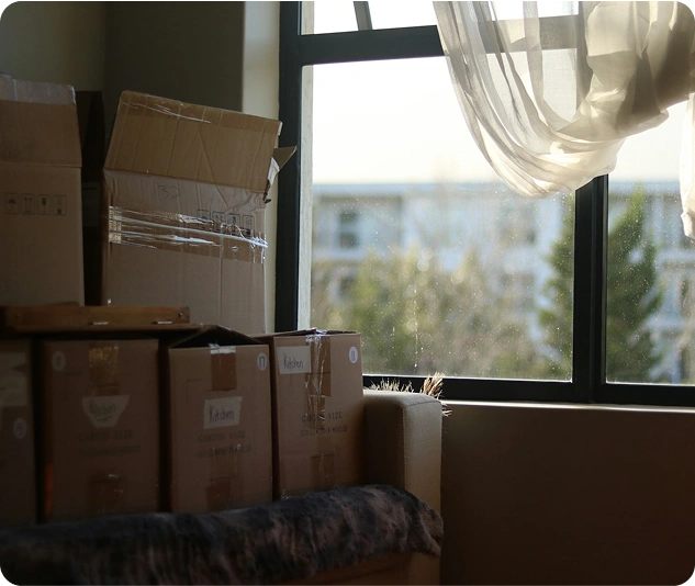 Mehrere Umzugskartons stehen vor einem Fenster mit Blick nach draußen.