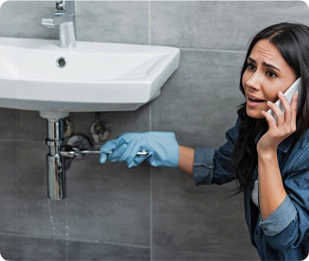 Frau telefoniert und zeigt auf ein undichtes Rohr unter einem Waschbecken.