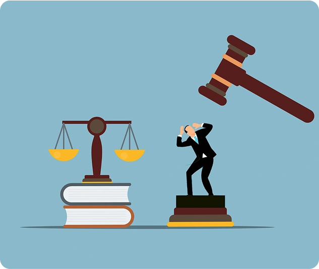 Illustration eines großen Richterhammers über einer kleinen Figur neben einer Waage der Justiz auf Büchern.