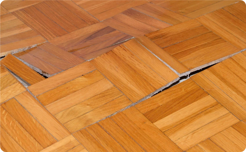 Aufgewölbtes und beschädigtes Parkett durch Feuchtigkeit.