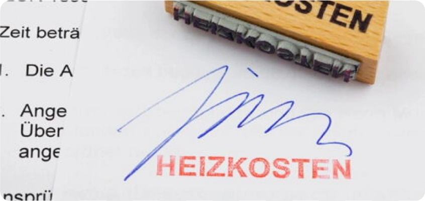 Dokument mit dem Wort „Heizkosten“ und einer Unterschrift, daneben ein Stempel.