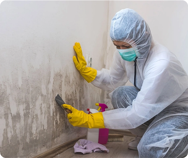 Person in Schutzanzug, Maske und gelben Handschuhen entfernt Schimmel von einer feuchten Wand.